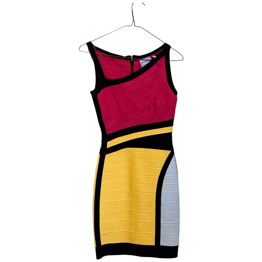 Colorblock Bodycon Dress in Fuchsia, Yellow & Light Gray